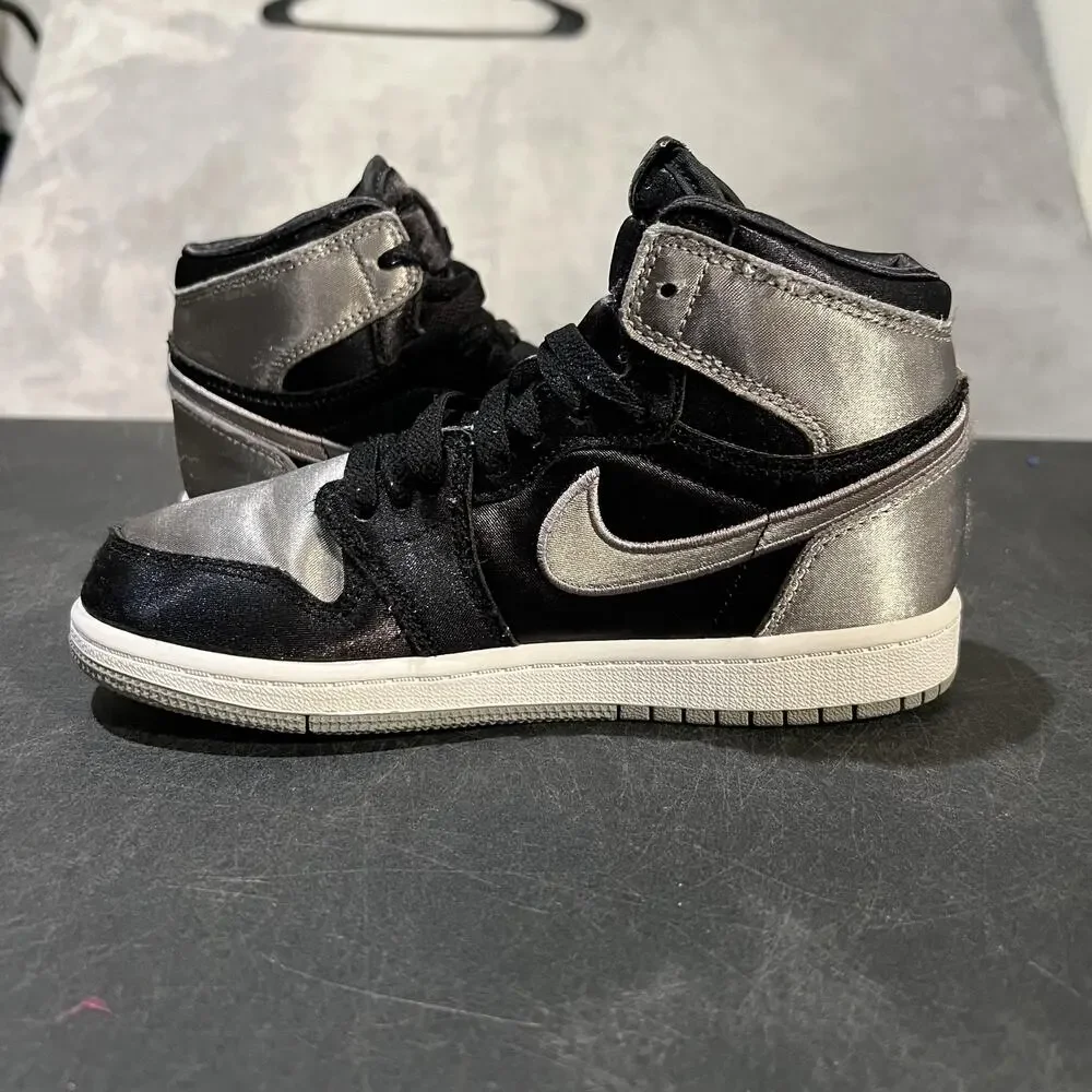 Nike Air Jordan 1 High OG Satin Shadow Shoes Youth 2Y Black Silver FD5304-010